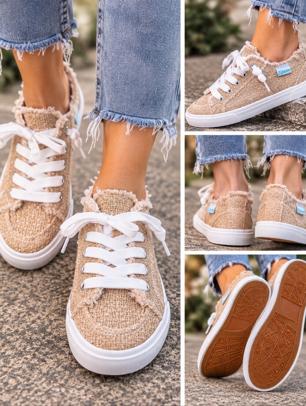 Obtaom Neutral Beige Canvas High-Top Sneakers with White Laces